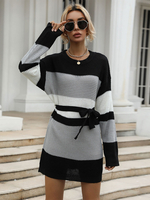 Robe en Côtelé Courte Femme à Col Rond avec Manches Longues Coupe Cintrée à Lacets Tricolores Robe Pull