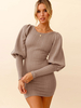 Robe en Côtelé Courte Femme Moulante à Col Rond avec Manches Longues Amples Coupe Cintrée Unicolore Robe Pull