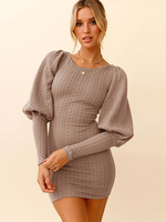 Robe en Côtelé Courte Femme Moulante à Col Rond avec Manches Longues Amples Coupe Cintrée Unicolore Robe Pull
