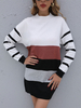 Robe en Côtelé Courte Imprimé Rayures Femme à Col Rond avec Manches Longues Tricolores Robe Pull