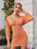 Robe en Côtelé Courte Moulante à Col V avec Manches Longues Amples Coupe Cintrée Unicolore Robe Femme