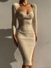 Robe en Côtelé Moulante Femme Longue à Col Décolleté en V avec Manches Longues Coupe Cintrée Unicolore