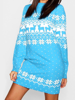 Robe en Côtelé Noël Imprimé Courte Femme à Col Rond avec Manches Longues Bicolores Robe Pull
