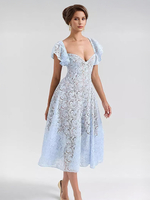 Robe en dentelle bleue à manches papillon et décolleté en cœur pour fête danniversaire robe mi-longue transparente pour femme 2025