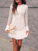 Robe en Dentelle Courte avec Manches Longues à Col Rond Bas Evasée Unicolore Robe Femme