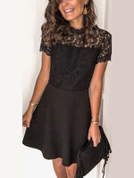 Robe en Dentelle Courte Creusante Femme Sexy à Col Montant avec Manches Courtes Coupe Cintrée Bas Evasée Unicolore Robe de Patineuse Robe Eté