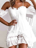 Robe en Dentelle Courte Femme avec Bretelles à Col Décolleté en V Coupe Cintré Bas Evasée Unicolore Push Up Sexy