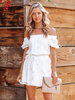 Robe en Dentelle Courte Femme Sexy Eté Creusant avec Manches Courtes Amples Epaule Dénudées Coupe Cintrée à Lacets Bas Evasée Unicolore robe Eté Sexy