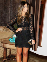Robe en Dentelle Courte Femme Sexy Eté Creusant avec Manches Longues Coupe Cintrée Moulante Unicolore Robe Eté Sexy