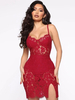 Robe en Dentelle Courte Sexy Moulante Creusante Florales avec Bretelles à Col Décolleté en V Coupe Cintrée avec Fente Unicolore Robe Sexy