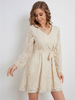 Robe en Dentelle Creusante Courte Robe de Patineuse Femme à Col V avec Manches Longues Amples Coupe Cintrée à Lacets Bas Evasée Unicolore
