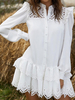 Robe en Dentelle Creusante Femme Courte avec Manches Longues Amples à Col Montant avec Boutons Bas Evasée Unicolore Robe Droite