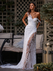 Robe en Dentelle Creusante Longue avec Bretelles à Col Décolleté Coupe Cintrée avec Fente Unicolore Robe de Soirée