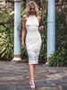 Robe en Dentelle Creusante Mi-longue avec Epaule Dénudée à Col Rond Coupe Cintrée Unicolore Robe Femme