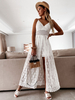 Robe en Dentelle Femme Creusante Fleurie avec Bretelles à Col V Coupe Cintrée avec Fente Unicolore Robe Longue
