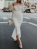 Robe en Dentelle Femme Longue avec Manches Longues avec Epaule Dénudée Coupe Cintrée Bas Evasée Unicolore Robe de Sirène