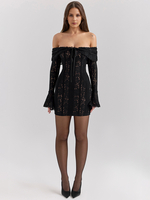 Robe en dentelle florale à épaules dénudées et manches cloches mini robe moulante sexy pour femmes 2025