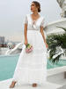 Robe en Dentelle Longue avec Manches Courtes à Col à Lacets Coupe Cintrée Bas Evasée Unicolore