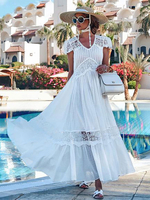 Robe en Dentelle Longue Creusante avec Manches Courtes à Col V Coupe Cintrée Bas Evasée Unicolore Robe Femme