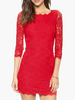 Robe en dentelle rouge femmes robe moulante trois quarts manches courtes robe de fête