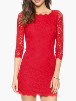 Robe en dentelle rouge femmes robe moulante trois quarts manches courtes robe de fête