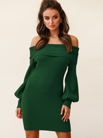 Robe en Maille Courte avec Manches Longues Amples avec Epaule Dénduée Coupe Cintrée Unicolore Robe Longue