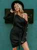 Robe en Maille Courte Femmes Moulante avec Epaule Nue Manches Longues avec Boutons Coupe Cintrée à Lacets Unicolore