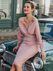 Robe en Maille Femmes Moulante à Col V avec Manches Longues Coupe Cintrée avec Dos Nue Unicolore