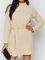 Robe en Maille Pull Côtelé Femme à Col Rond Ceinturé à Lacets avec Manches Longues unicolore Robe en Maille Pull Côtelé