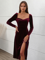 Robe en velours bordeaux à volants décontractée à manches longues mi-longue pour femme