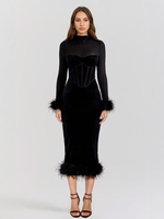 Robe En Velours Noire Fendue Manches Longues Transparentes Sexy Robe Mi-Longue