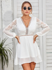 Robe Eté Courte à Col V avec Manches Longues Amples Coupe Cintrée Bas Evasée Unicolore
