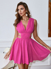 Robe Eté Courte avec Bretelles à Col Décolleté en V Coupe Cintrée Creusante Bas Evasée Unicolore Robe Sexy