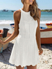 Robe Eté Courte en Maille Crochets Femme avec Bretelles à Col Rond Coupe Cintrée Bas Evasée Creusante Robe Blanche Robe de Patineuse