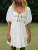 Robe Eté Courte en Mousseline à Col Rond à Lacets avec Manches Courtes Amples Bas Evasée avec Boutons Unicolore Robe Eté Robe de Plage