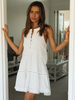 Robe Eté Courte en Mousseline Décontracté à Col Rond sans Manches Bas Evasée avec Boutons Unicolore Robe Eté Robe de Plage