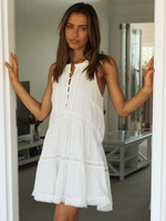 Robe Eté Courte en Mousseline Décontracté à Col Rond sans Manches Bas Evasée avec Boutons Unicolore Robe Eté Robe de Plage