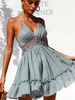 Robe Eté Courte en Mousseline Femme avec Bretelles à Col Décolleté en V avec Dos Nu Coupe Cintrée Bas Evasée Unicolore Robe Eté Sexy Robe de Patineuse