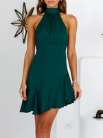 Robe Eté Courte en Satin Femme avec Bretelles à Col Rond Epaule Dénudée Coupe Cintrée Bas Volant Unicolore Robe Eté Sexy