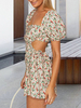 Robe Eté Courte Femme à Col Carré avec Manches Courtes à Lacets Bas Evasée Unicolore Robe Sexy Robe de Plage