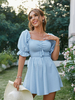 Robe Eté Courte Femme à Col Carré avec Manches Courtes Amples Coupe Cintrée Bas Evasée Unicolore