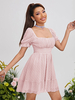 Robe Eté Courte Femme à Col Carré avec Manches Courtes Amples Coupe Cintrée Bas Evasée Unicolore