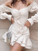 Robe Eté Courte Femme à Col Décolleté avec Manches Longues Amples Coupe Cintrée Bas Evasée Unicolore Robe de Plage