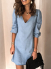 Robe Eté Courte Femme à Col Décolleté en V avec Manches Mi-longues Unicolore Robe Droite Robe de Plage