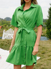Robe Eté Courte Femme à Col Revers avec Manches Courtes Coupe Cintrée à Lacets Bas Evasée Unicolore
