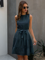 Robe Eté Courte Femme à Col Rond avec Bretelles Coupe Cintrée à Lacets Bas Evasée Unicolore Robe de Patineuse