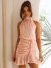 Robe Eté Courte Femme à Col Rond avec Epaule Dénudée Coupe Cintrée à Lacets Unicolore