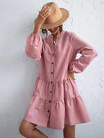 Robe Eté Courte Femme à Col Rond avec Manches Longues Amples Bas Evasée Robe Droite