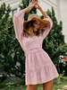 Robe Eté Courte Femme à Col Rond avec Manches Longues Amples Coupe Cintrée avec Dos Nu Bas Evasée Unicolore