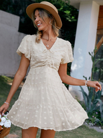 Robe Eté Courte Femme à Col V à Lacets avec Manches Courtes Coupe Cintrée Bas Evasée Unicolore